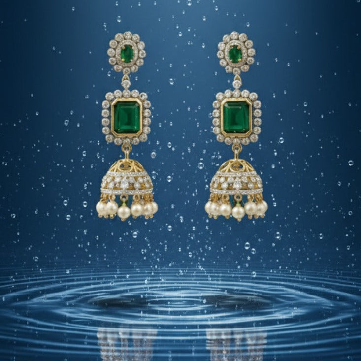 Green Gem Stone Bridal Jhumka Earrings
