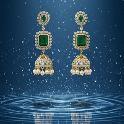 Green Gem Stone Bridal Jhumka Earrings