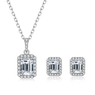 Emerald Cut Halo Diamond Pendant and Earrings Set