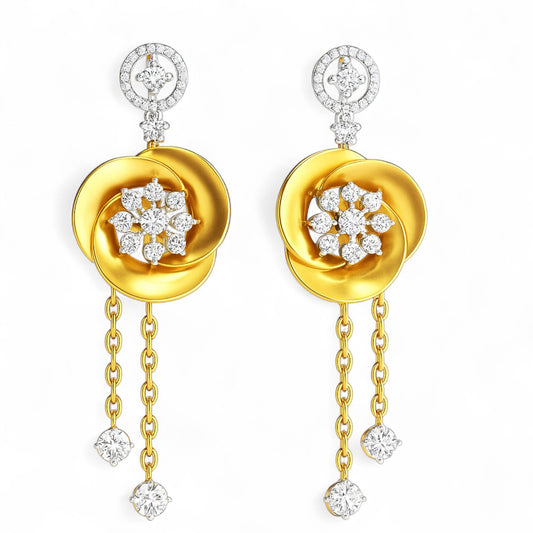 Designer Floral Diamond Cut Gold Earrings with Chain Drop