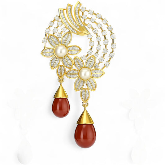 Red GemStone Floral Design Pendant With Earrings