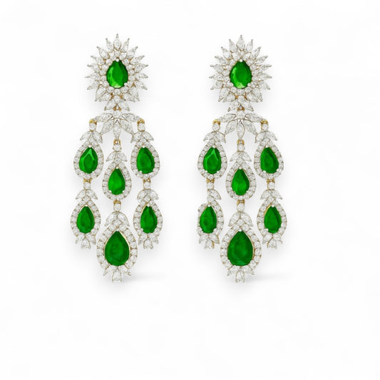 Designer Gold Emerald and Diamond Long Drop Earrings