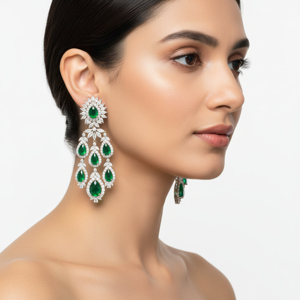 Designer Gold Emerald and Diamond Long Drop Earrings