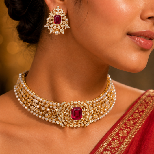 A traditional gold bridal jewelry set featuring a wide choker necklace and matching stud earrings, both accented with a large rectangular red ruby, small white diamonds, and rows of pearls.