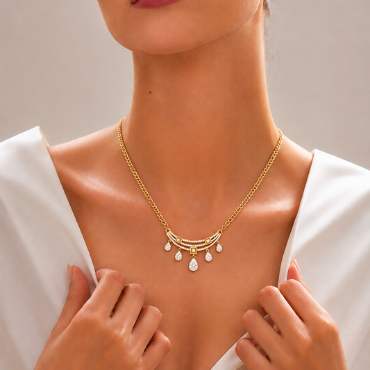 A yellow gold crescent-shaped pendant featuring three tiered arches paved with small white diamonds, accented by three square gold frames enclosing a center diamond, and finished with five dangling pavé-diamond teardrop charms