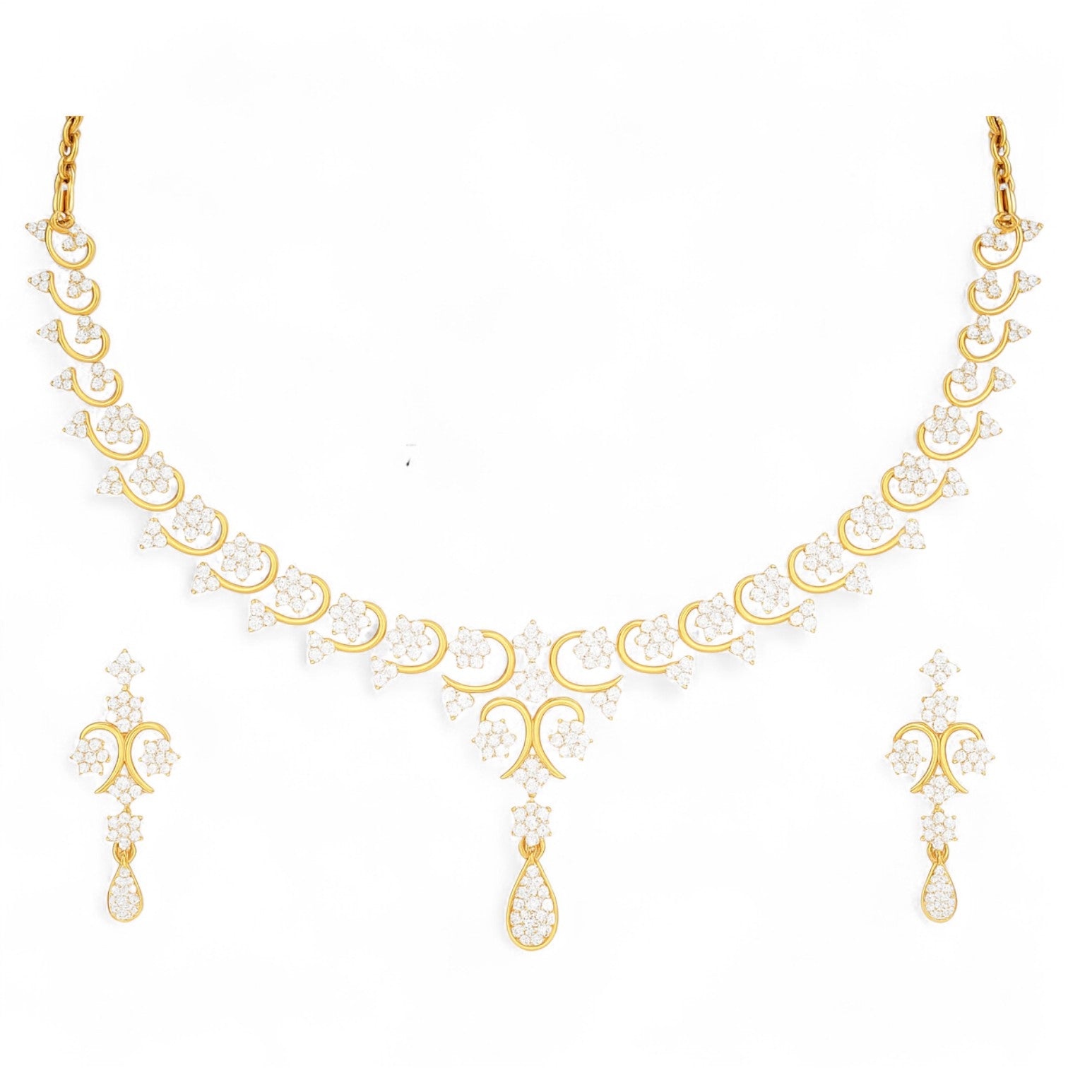 Yellow gold necklace and matching drop earrings set featuring delicate floral diamond clusters and a teardrop pendant.