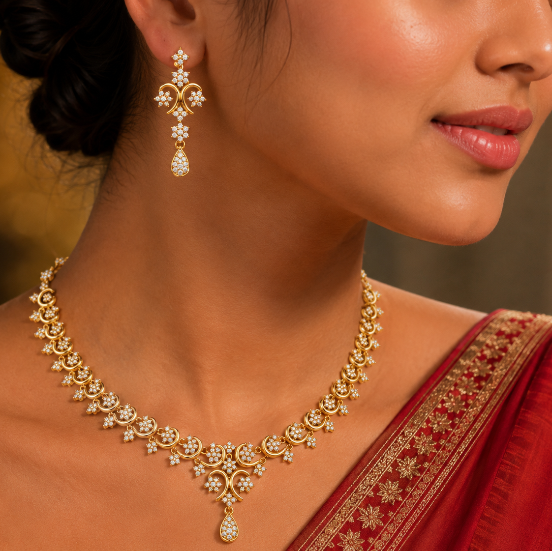 Gold and diamond necklace set featuring delicate floral diamond clusters with a pear-shaped central drop and matching earrings.
