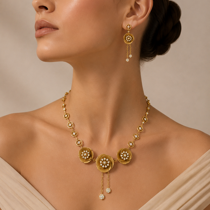 An exquisite yellow gold jewelry set featuring an ornate necklace with intricate floral scroll motifs set with diamond clusters and cascading central drops, accompanied by matching dangling floral scroll and cascade earrings. The design radiates elegance and craftsmanship, suitable for luxury bridal or festive wear.