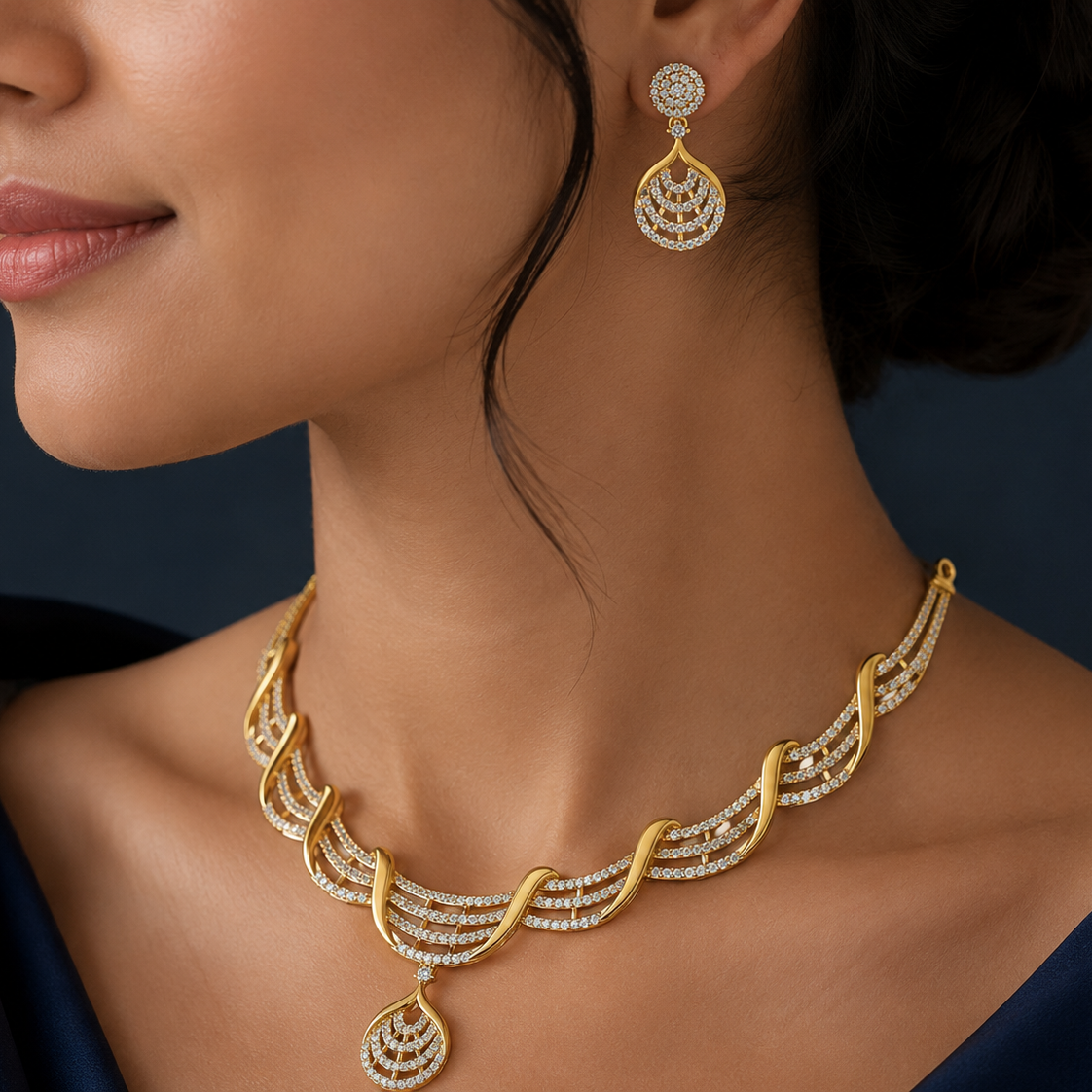 Yellow gold necklace and matching earrings featuring a fluid diamond swirl design with a cascading drop.