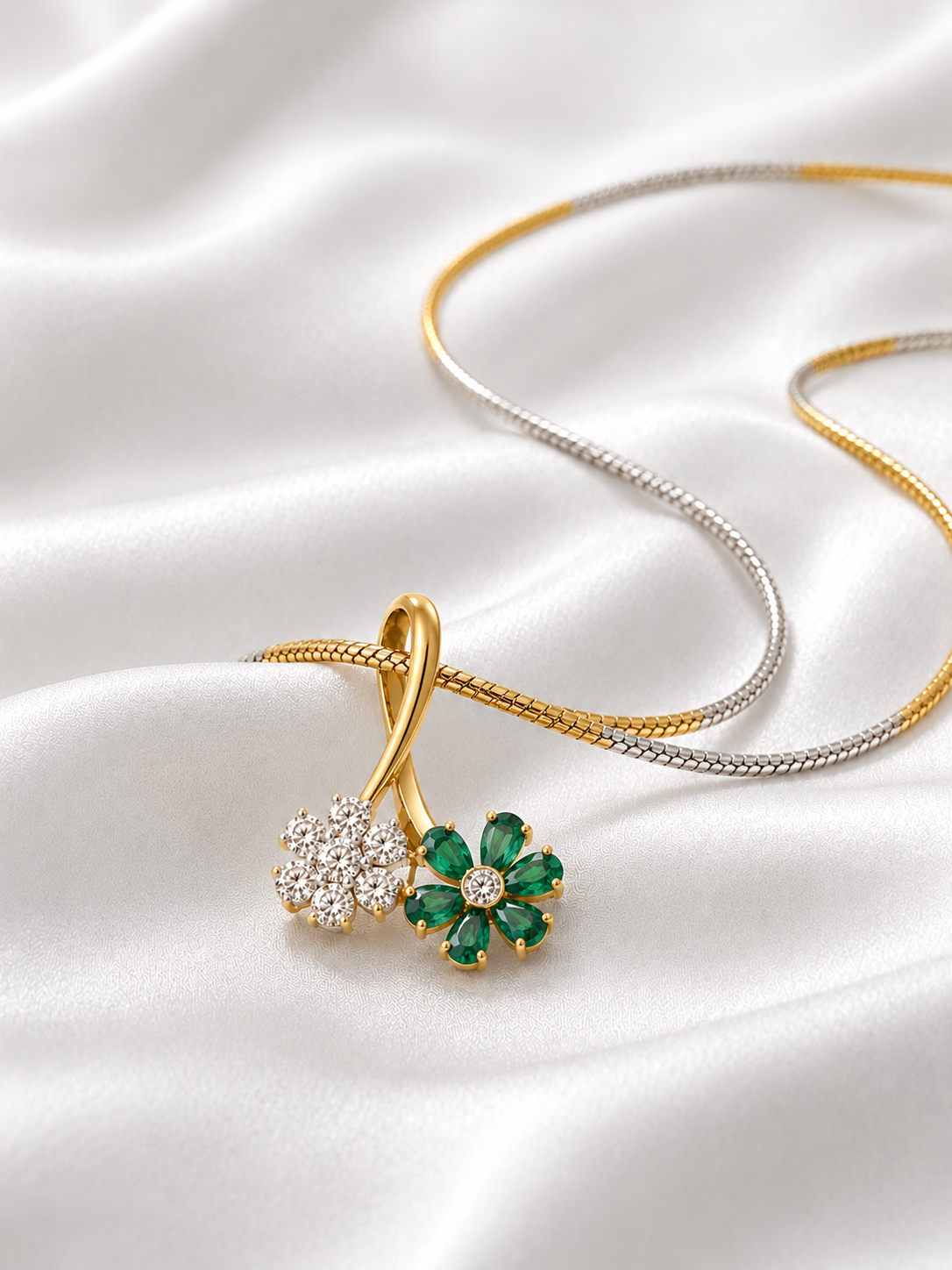 A yellow gold dual flower pendant necklace featuring one flower made of sparkling white diamonds and another made of vibrant green emerald.