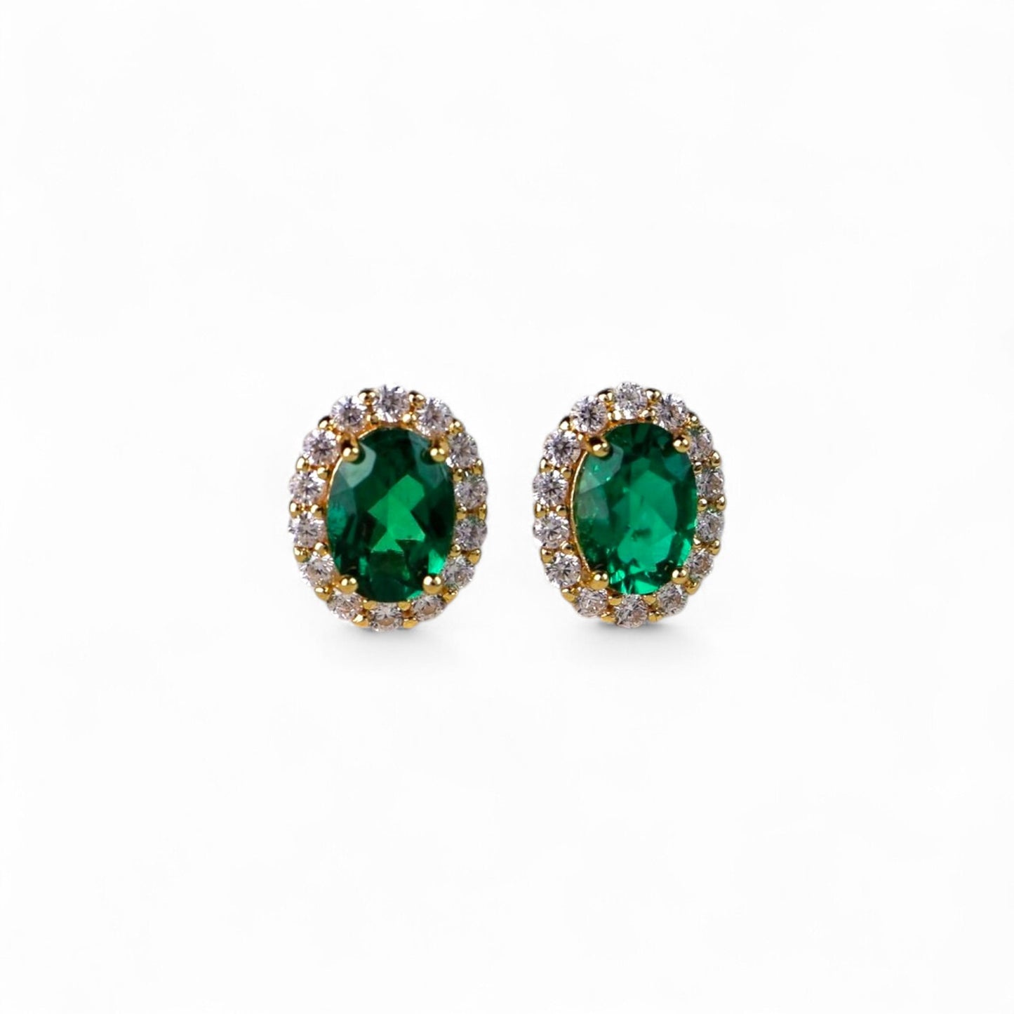 Green Oval Gemstone Halo Stud Earrings