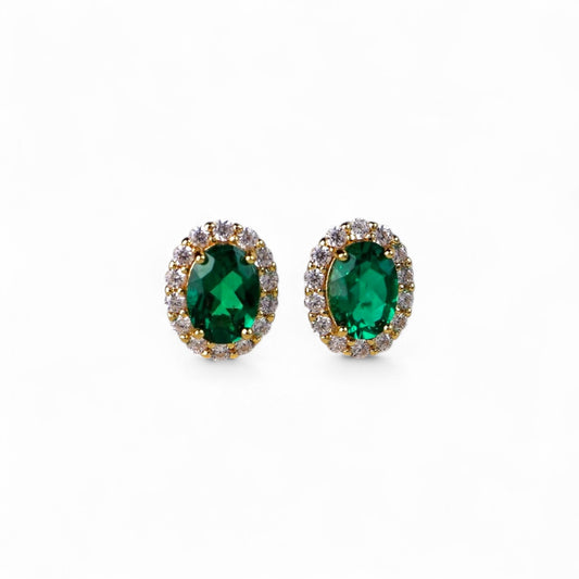 Green Oval Gemstone Halo Stud Earrings