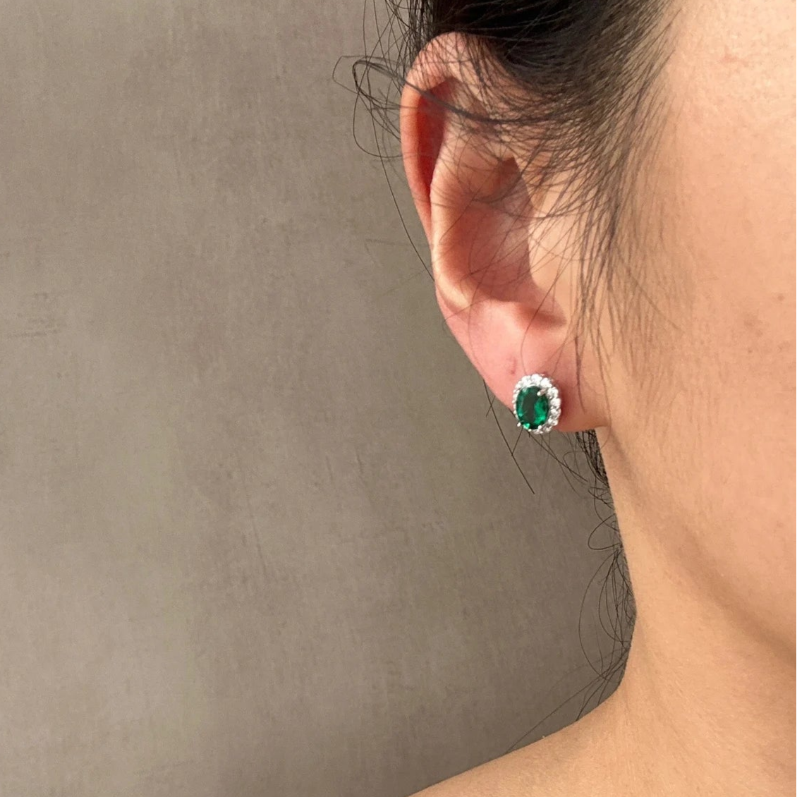 Green Oval Gemstone Halo Stud Earrings