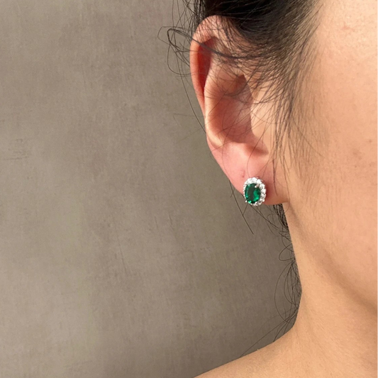 Green Oval Gemstone Halo Stud Earrings