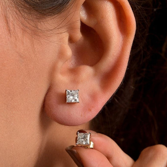 4 Prong Princess Solitaire Stud Earrings