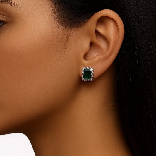 Green Emerald Halo Diamond Stud Earrings