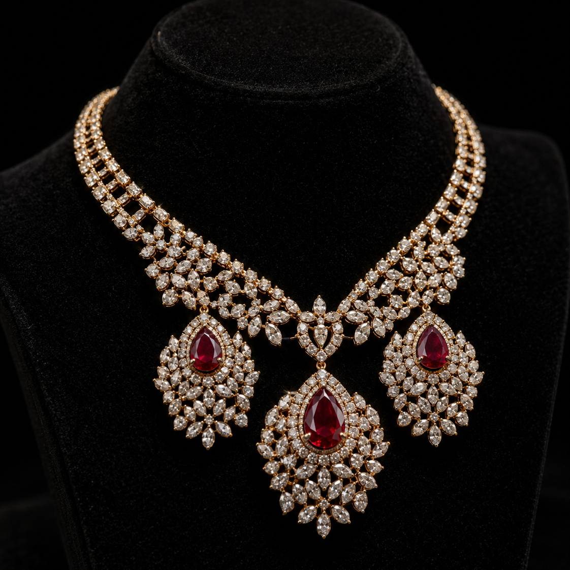An ornate yellow gold bridal choker showcasing a multi-row band of diamond clusters and three large, intricate, pear-shaped pendants. Each drop features a rich pear-cut ruby surrounded by dazzling marquise-cut diamond surrounds, radiating royal elegance.