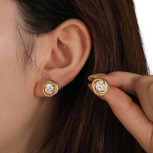 Tri Tone Gold Diamond Stud Earrings