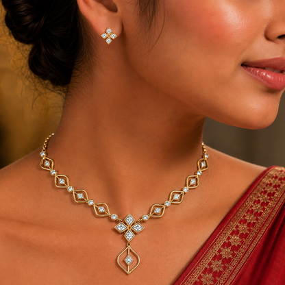 Minimalist gold and diamond necklace set with a stylized four-petal floral diamond clusters
