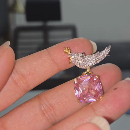 Whimsical Bird Pink Cushion-Cut Gemstone Brooch