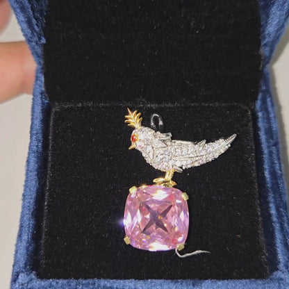 Whimsical Bird Pink Cushion-Cut Gemstone Brooch
