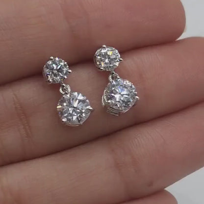 Twin Round Solitaire Diamond Drop Stud Earrings