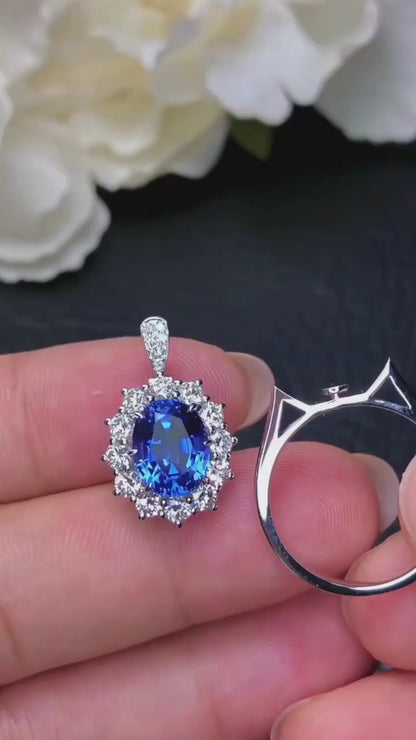 2in1 Blue Oval Halo Pendent cum Ring