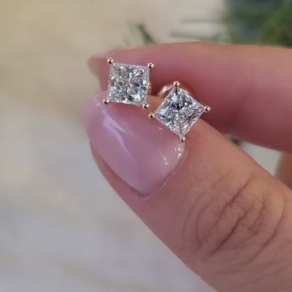 4 Prong Princess Solitaire Stud Earrings