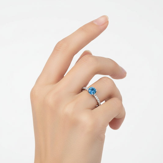 Oceanic Blue Topaz Round Solitaire Pave ring