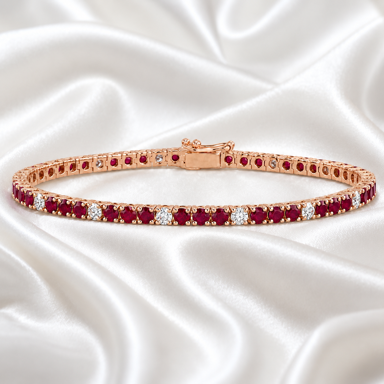 A rose gold tennis bracelet, featuring a single row of alternating red rubies and small white diamonds.