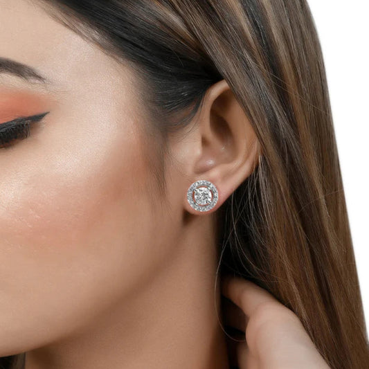 Stylish Halo Round Diamond Stud Earrings