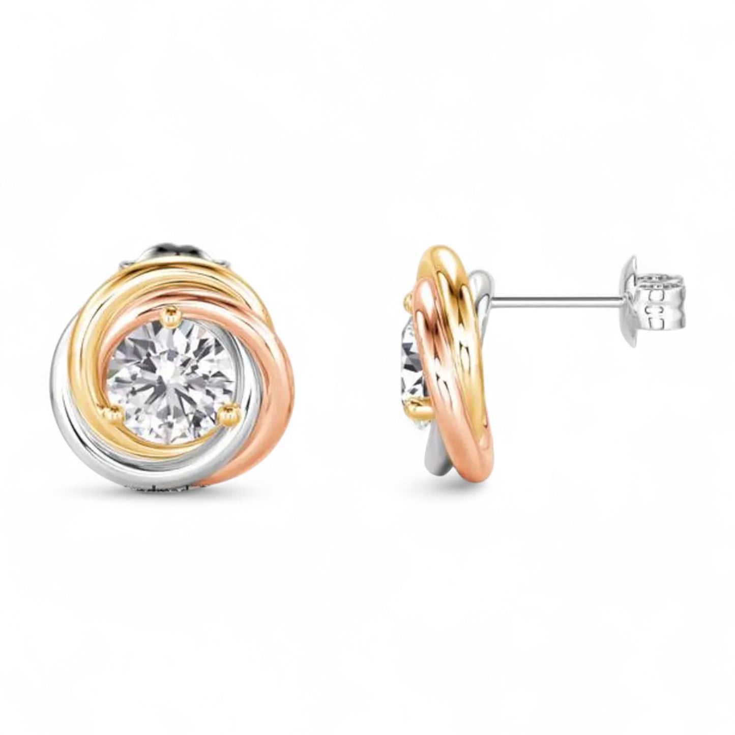Tri Tone Gold Diamond Stud Earrings