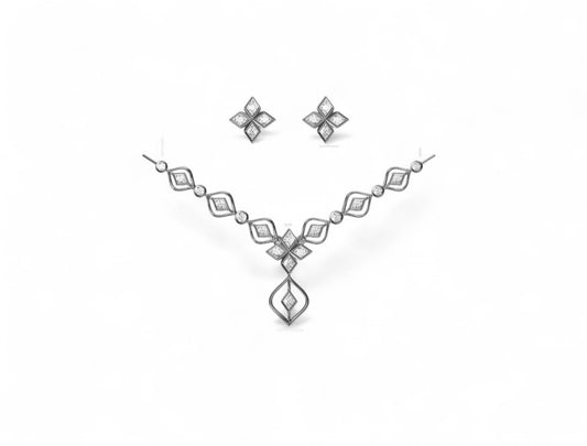 Modern Floral Design Gold Diamond Pendant Set with Earrings