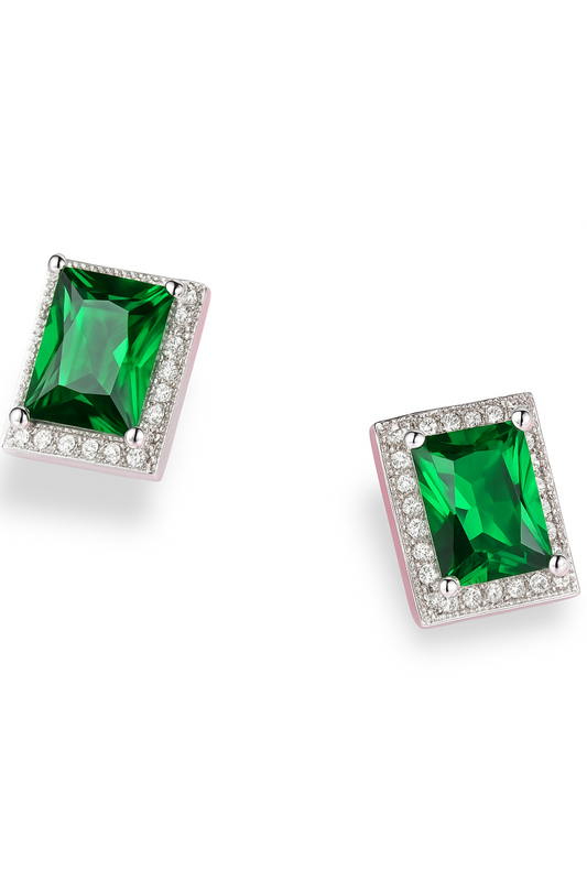 Green Emerald Halo Diamond Stud Earrings