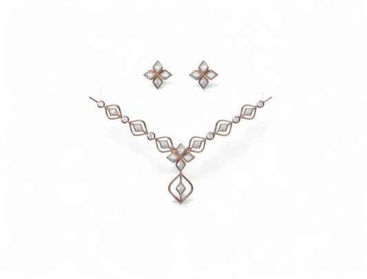 Modern Floral Design Gold Diamond Pendant Set with Earrings