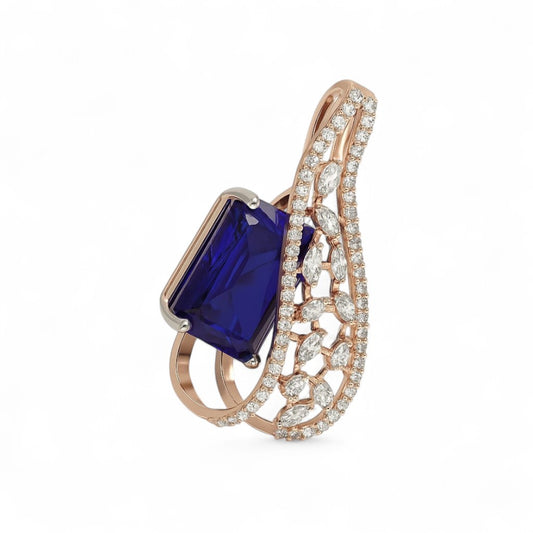 Curve Design Diamond Pendant with Blue Gemstone