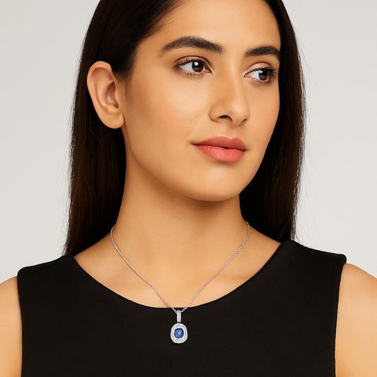 Blue saphhire cushion Halo pendant